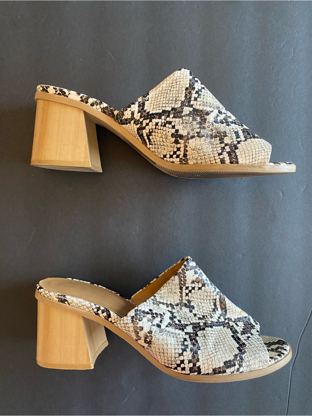 A New Approach Faux Snakeskin Reptile Block Heel Slide Wedge Open Toe Black Tan